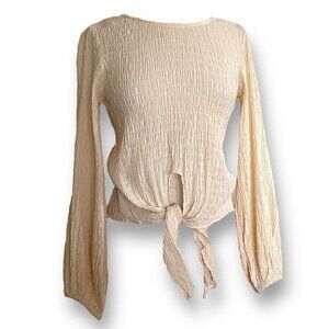 Sovere Womens Top XS Cream Smocked Tie Front Balloon Sleeve Boho Blouse Shirt